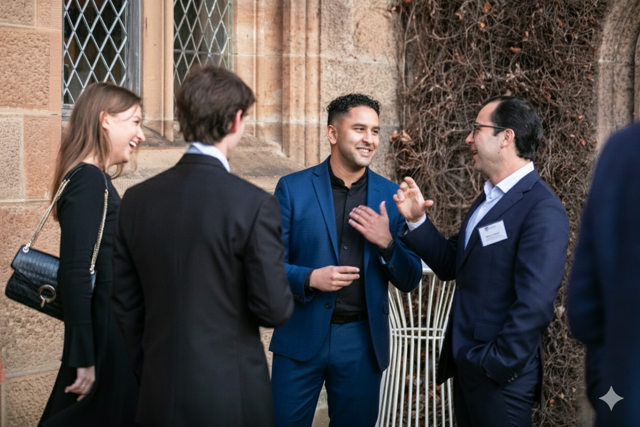 A consultant explaining a concept to a group at a networking event.